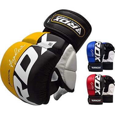 Imagem de Luvas RDX MMA para treinamento de artes marciais e aglutinação | Aprovadas pela SMMAF | Luvas de couro com couro Palm-O Maya Hide | Bom para kickboxing, Muay Thai, luta de gaiolas, saco de perfuração e esportes de combate, Amarelo, Small
