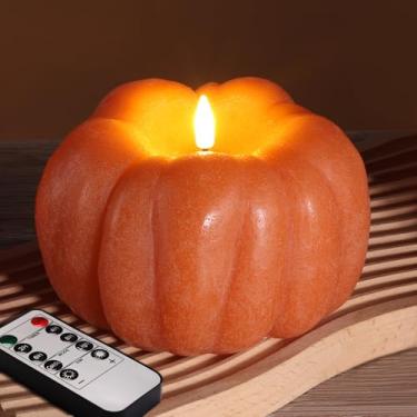 Imagem de Eywamage Vela sem chama de abóbora laranja queimada com controle remoto, vela decorativa LED de outono de Halloween operada por pilhas, cera real revestida Φ 13,7 cm A 10 cm