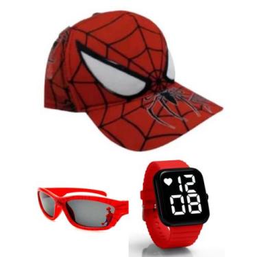Imagem de Boné ,oculos e relógio digital a prova d agua homem aranha infantil ma
