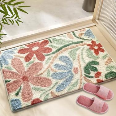 Imagem de Tapete de banho de flores rosa, tapete de banheiro floral fofo com folhas verdes, tapete de banheira absorvente extra macio, antiderrapante, lavável na máquina, microfibra fofa, tapete de decoração