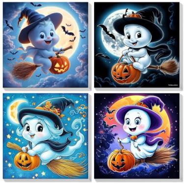 Imagem de Bowetile Pacote com 4 tintas emolduradas de Halloween por números para adultos, pintura fantasma por números para crianças de 8 a 12 anos em tela, fácil de pintar com números de desenho animado