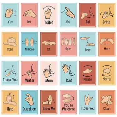 Imagem de Aposwow Cartazes de linguagem de sinais para sala de aula - 24 peças palavras e frases comuns cartões de linguagem de sinais para crianças, bebês e crianças, ASL pôsteres de linguagem de sinal