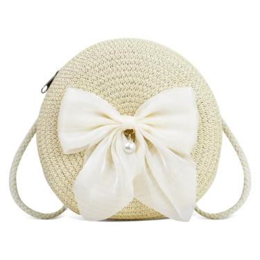 Imagem de Feelorna Bolsa tiracolo feminina de palha, linda bolsa de praia de verão com laço de pérola, bolsa de ombro de palha redonda para viagens, Bege, Small, Boho