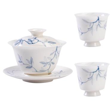 Imagem de Conjunto de chá de Gongfu pintado à mão Boutique – Orquídea azul em porcelana branca pura, inclui Gaiwan chinês e xícaras de chá, conjunto de cerimônia de chá, conjunto de chá para adultos (Gaiwan +