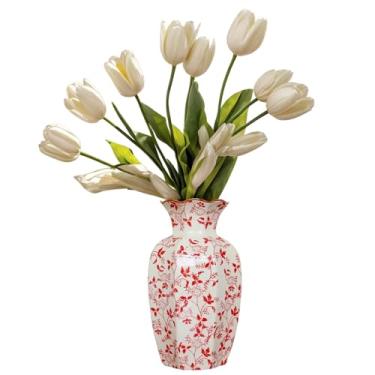 Imagem de Vaso de cerâmica vermelho e branco para flores, vaso de flores chinoiserie de 24 cm para decoração de casa, decoração, casa de fazenda, mesa de centro, estante de livros e vida doméstica