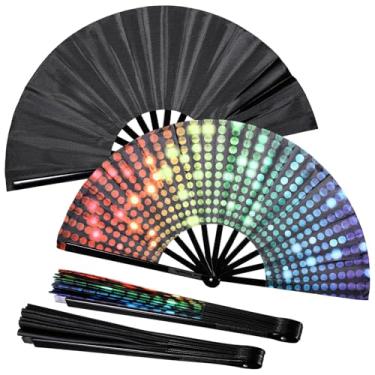 Imagem de Leinuosen 2 peças grandes de leques dobráveis para dança em linha leque de palmas para mulheres e homens com tecido de nylon dobrável Tai Chi performance decorações de dança presente (colorido, estilo