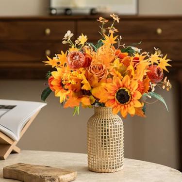 Imagem de 2 peças de flores artificiais de outono, buquê de flores artificiais douradas, colheita, outono, seda, rosa, girassol, folhas de bordo, pinha, abóbora, para casa, casamento, dia de Ação de Graças