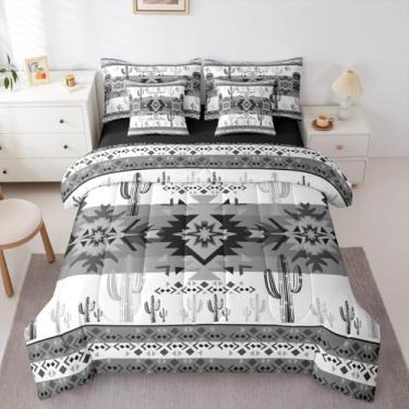 Imagem de Feelyou Conjunto de edredom cinza do sudoeste asteca com lençol king size, geométrico, vintage, boêmio, tribal, rústico, ocidental, exótico, 7 peças, macio