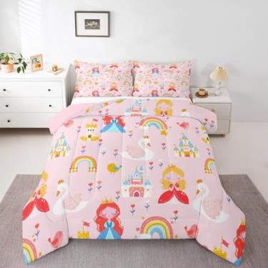 Imagem de Conjunto de edredom de princesa rosa tamanho casal meninas arco-íris floral conjunto de cama com 2 fronhas desenho animado castelo cisne crianças meninas 3 peças edredom colorido colcha edredom