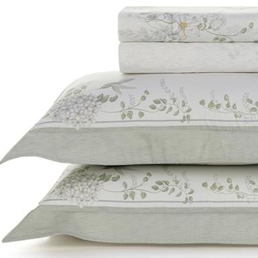 Imagem de Jogo de Lençol King Karsten Percal 300 Fios 100% Algodão Egípcio Estampado Cama Dobra Feita 4 Peças (Laura - Flores Verde)