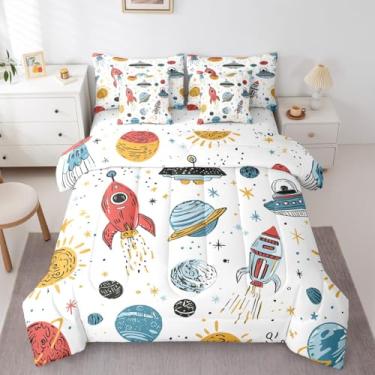 Imagem de Erosebridal Conjunto de edredom solteiro com desenho animado foguete, 7 peças, nave espacial, espaço sideral, galáxia, estrelas, planeta, cama em uma bolsa