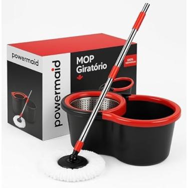 Imagem de Mop Esfregão Giratório de Limpeza Inox com Rodinha e Refil Vermelho e Preto