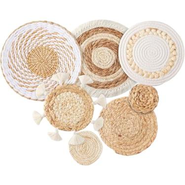 Imagem de Cestas de parede Boho, cesta de parede boho, conjunto de 7 pendurar macramê redondo plano, decoração de tecido de palha para sala de estar, quarto, sala de jantar, estilo 2, pendurar em macramê