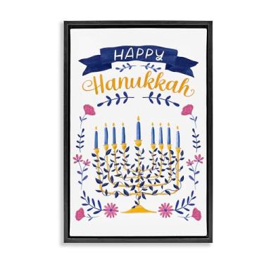 Imagem de Stupell Industries Design de arte de parede em tela flutuante floral Menorah Happy Hanukkah preto emoldurado por JJ Design House LLC, 25 x 17
