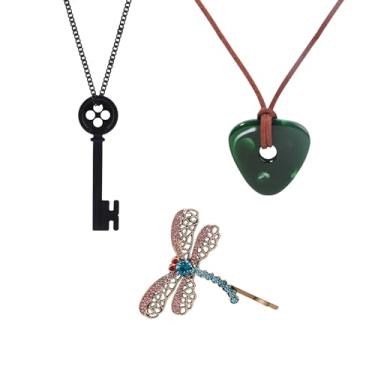Imagem de EVKILKJS 3 peças de acessórios de Halloween Coraline - Clipe de cabelo libélula, colar de pedra verde e colar de chave preta para mulheres, fantasia de Halloween, cosplay, filmes, adereços para vestir