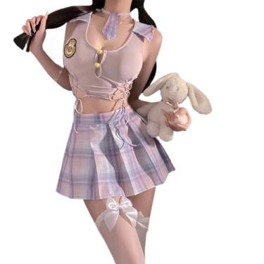 Imagem de SENJIY sexy sailor outfit for women lingerie Cosplay costume Schoolgirl babydoll Anime Roleplay Navy JK Uniform blouse Short Dress Crop Top Tie Plaid Mini Skirt Thong Set Purple