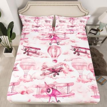 Imagem de Jogo de lençol solteiro solteiro com desenho animado de avião, balão de ar quente, nuvens, céu e princesa, decoração de quarto de meninas e mulheres, capa de cama de avião de aviação, rosa e branco, 1