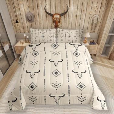 Imagem de Erosebridal Jogo de cama Queen geométrico, ocidental, crânio, touro, para adolescentes e homens, edredom com estampa de vaca do sudoeste, tribal étnico e chifres