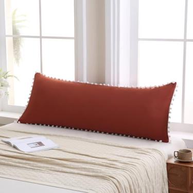 Imagem de Capa de travesseiro de corpo vermelho tijolo 50 x 132 cm capa de travesseiro de corpo bonito branco pompons design de franja boho chique decoração longa capa de travesseiro com fecho de bolso