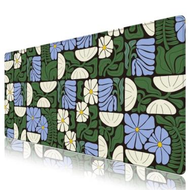 Imagem de AIMSA Tapete de mesa, tapete de mesa antiderrapante, tapete de rato grande para mesa, tapete de rato floral, tapete de computador, protetor de mesa para escritório/casa, flores azuis e folhas verdes