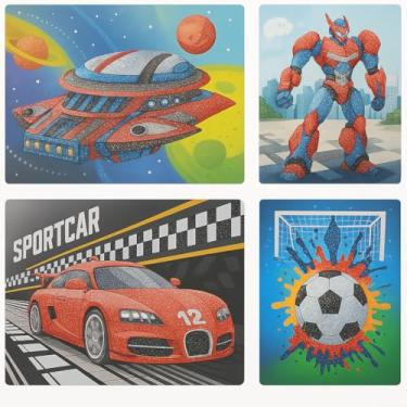 Imagem de Kit 5 Quadros de Pintura 5D Diamante Infantil, 21x15 cm, Temas Masculino Variados: Carro, Robô, Futebol, Foguete, Multicolorido