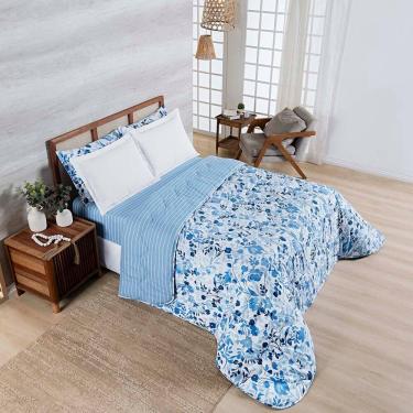 Imagem de Edredom Cobertor Belle Queen 400 Fios Dupla Face Estampado Florido Azul