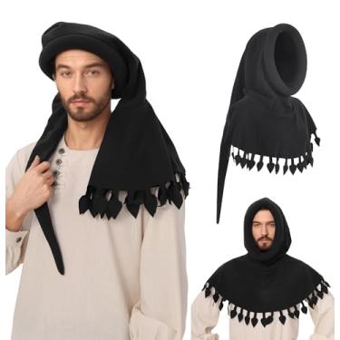 Imagem de DAZCOS Chapéu de acompanhante medieval com capuz renascentista acolchoado para homens para o Dia das Bruxas (preto)