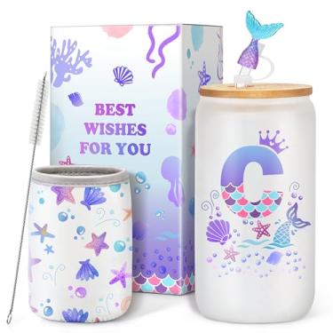 Imagem de Copos de vidro com inicial personalizada, copos de bebida de cauda de sereia de 473 ml com tampa e canudo, topo de cauda de sereia/manga monograma de Natal | presentes de aniversário para meninas