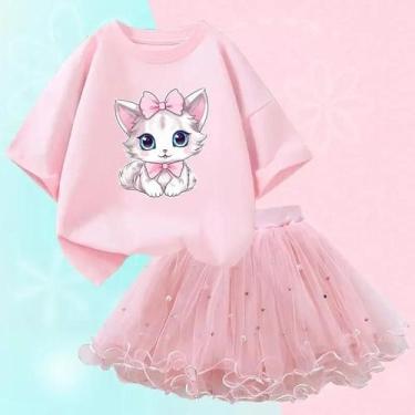 Imagem de Conjunto de 2 Peças Verão para Meninas - Camiseta de Gato e Saia Tutu,