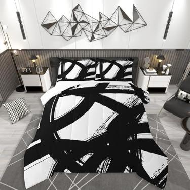 Imagem de jejeloiu Conjunto de edredom Queen preto e branco, geometria abstarct para crianças, meninos, meninas, arte neutra moderna, edredom para decoração de quarto, microfibra, 3 peças com 2 fronhas