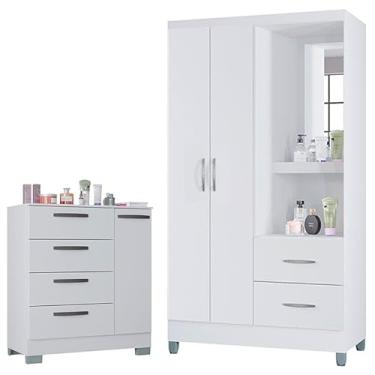Imagem de Cômoda 868 4 Gavetas e 1 Porta com Guarda Roupa Solteiro Córdoba 2 Portas Branco Brilho - Poquema