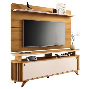 Imagem de Kit Bancada Alba e Painel Curv Tv até 70” Pés Madeira Maciça Cinamomo/off White