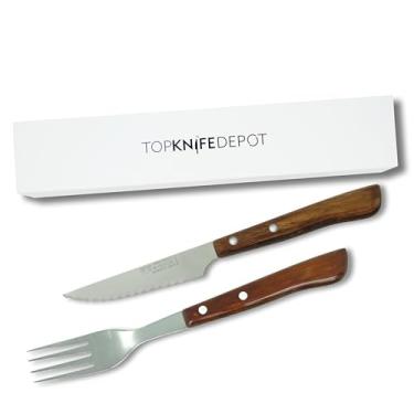 Imagem de Conjuntos de facas e garfos Ecowood – Lâmina serrilhada – Cabo de madeira composta – Talheres estilo country para celebrações de churrasco – Conjunto de 1 faca e 1 garfo – Feito na Espanha