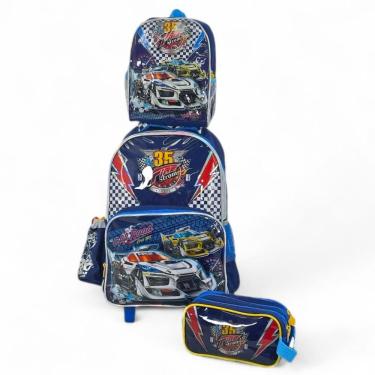 Imagem de Kit mochila rodinha escolar lancheira estojo Fire Storm car