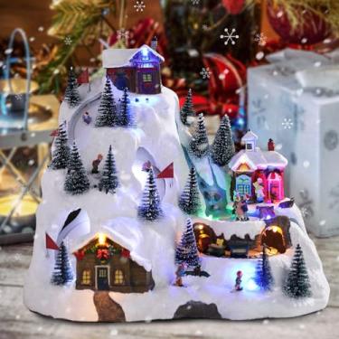 Imagem de WONDER GARDEN Christmas Village – Estatuetas coloridas de música com trem ferroviário giratório, esqui, luzes LED para decoração de casa ou presente