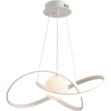 Imagem de Lustre Redondo Anel Lustre Moderno LED Luzes Pendentes Com 3D Lua Planeta Grande Luz Leite Branco Teto Luminária Pendurada Para Sala de Estar Quarto Sala de Jantar Cozinha Ilha, Branco 60cm