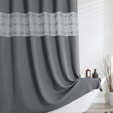 Imagem de OVZME Cortina de chuveiro boho cinza carvão 182 cm de comprimento para banheiro, cortinas de chuveiro texturizadas pesadas de tecido enrugado com corte bordado, lavável na máquina, elegante cortina de