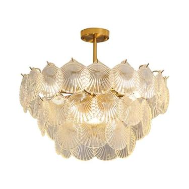 Imagem de Lustres Boho Coastal Sea Shell para sala de jantar Lustre de vidro transparente de 3 camadas Lustre moderno com pingente de luz Grande luminária de teto para ilha de cozinha Quarto de menina