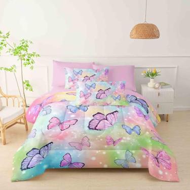 Imagem de QOOMO Conjunto de edredom para decoração de quarto de crianças com borboleta rosa, 7 peças, tamanho casal/queen, lençol de elástico rosa com bolso profundo de 41 cm