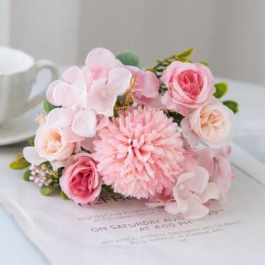 Imagem de Buquê de rosas de seda e crisântemos para noivas, flores artificiais para casamento, jardim ao ar livre, vaso para casa, decoração de mesa, guirlanda, acessórios para presente (rosa)