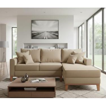 Imagem de Sofá Beny com Chaise Direita, 2,20x1,40m, 3 Lugares, Linho, Base em Madeira. (Bege)