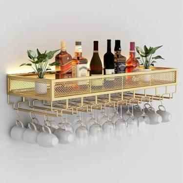 Imagem de Prateleiras flutuantes de bar rack de vinho montado na parede rack de vidro de vinho invertido suporte multifuncional para garrafa de ferro suporte de cálice suspenso com luzes (ouro 80 x 35 cm)