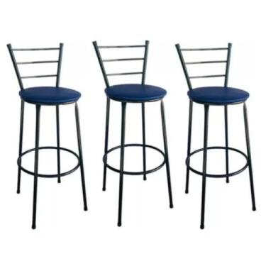 Imagem de Kit 3 Banqueta de Bar Alta com Encosto - Para Cozinha Americana e Área de Lazer (Azul)