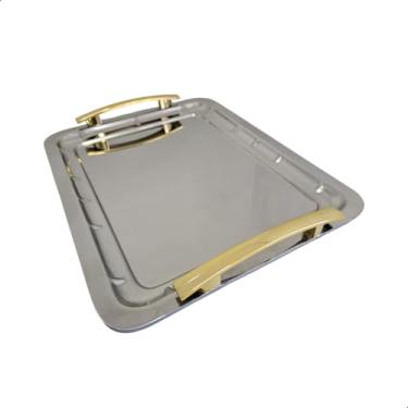 Imagem de Bandeja Grande Garçom Aço Inox Alças Douradas Resistente