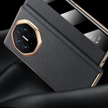 Imagem de LYJSMGZ Capa de couro para Huawei Mate XT, revestimento magnético galvanizado antiderrapante à prova de choque janela de visualização capa de telefone comercial, preto, Mate XT
