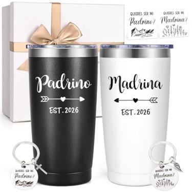 Imagem de LiqCool Presente de pedido de padrinhos, Padrino y Madrina Godmother & Godfather 590 g conjunto de copo isolado com chaveiro e cartão, presente Will You be My Godparents do afilhado para batismo