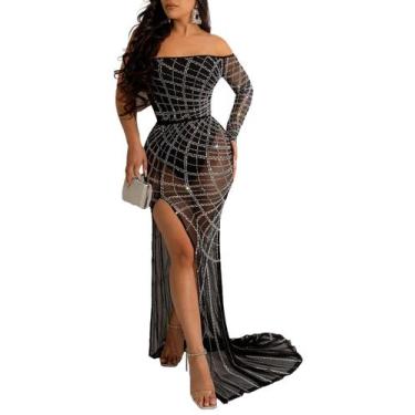 Imagem de Vestido PORRCEY Sexy Hot Drilling Craft de manga única preto