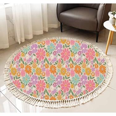 Imagem de Tapete redondo com franja, retrô, floral, colorido, anos 70, sem costura, têxtil, flores, laranja, rosa, boho, tapete de linho, tecido à mão, pátio, corredor, tapete para decoração de casa, sala de