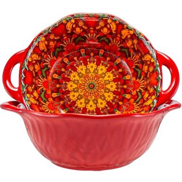 Imagem de Conjunto de 2 tigelas de cerâmica Boho com alças, tigelas grandes de cerâmica, tigelas de salada de porcelana de 1,134 g, pratos grandes para entretenimento, tigelas de mistura para sopa, ensopado