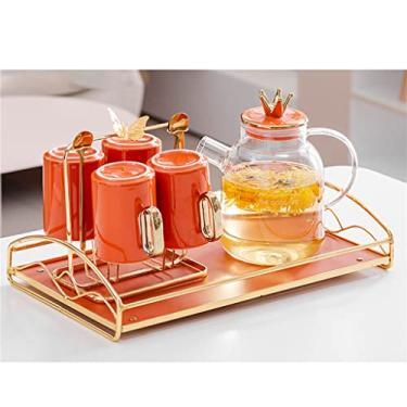 Imagem de Conjunto de copo de água nórdico moderno conjunto de água de cerâmica copo de hospitalidade conjunto de casa sala de estar chaleira de vidro de boca redonda (Cor: A, Tamanho: kit de 4 xícaras)